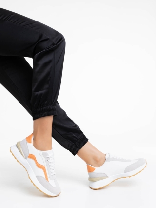 Easter Sale - Εκπτώσεις Γυναικεία αθλητικά παπούτσια λευκά με πορτοκαλί από οικολογικό δέρμα Dilly Προσφορά
